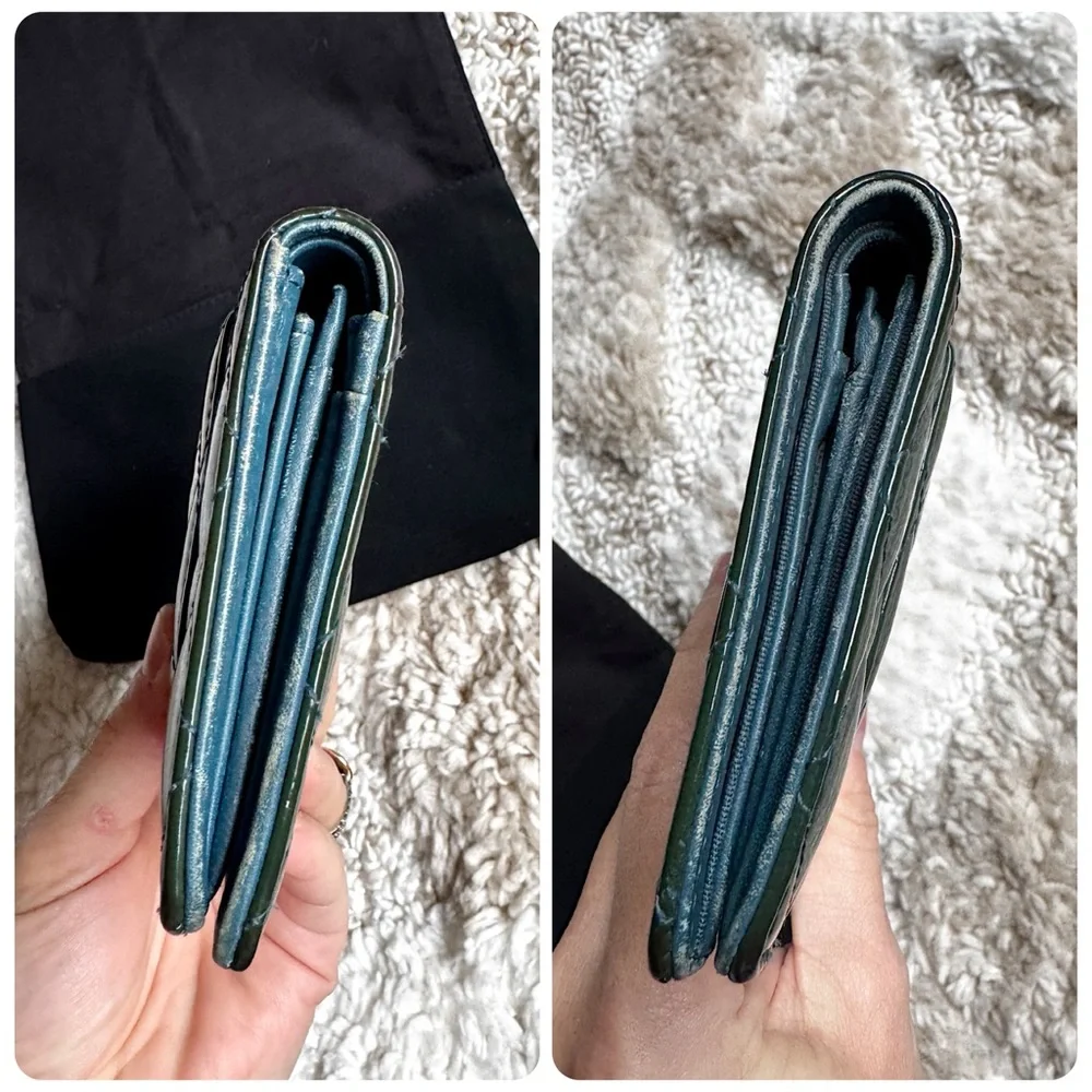 SOLD🌺CHANEL Teal Bifold Long CC logo Quilted Patent Leather Yen Wallet + card - Picture 11 of 11